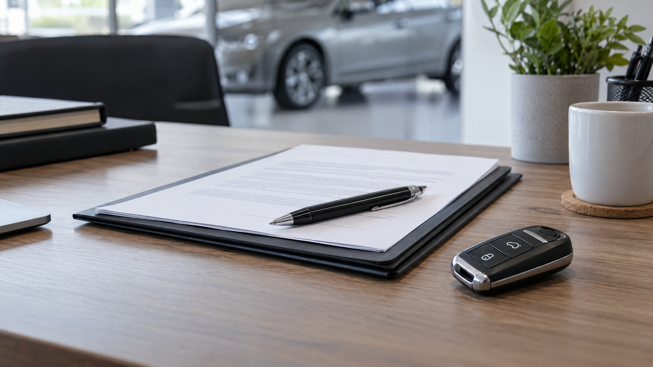 Pasta de documentos e chave de carro em mesa, imagem ilustrativa